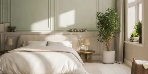 Chambre paisible avec lit douillet, murs aux moulures élégantes et une plante verte. Idée de deco peinture chambre pour une ambiance sereine.