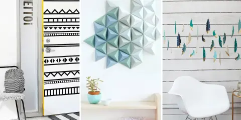 Inspirujące, ciekawe pomysły na robótki ręczne: ozdobione drzwi, geometryczna dekoracja ścienna i piórkowa girlanda.