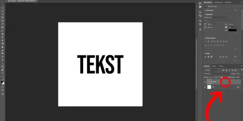 Ekran programu Photoshop z czarnym tekstem "TEKST" na białym tle i panelem warstw.