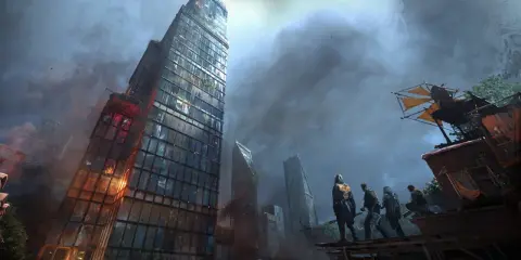 Grupa ocalałych na dachu obserwuje zniszczone miasto. To może być kluczowy moment w grze Dying Light 2 poradnik.