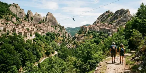 Castelmezzano, cosa vedere: un borgo aggrappato alle rocce, con un volo in zipline per ammirare il panorama. Due escursionisti sul sentiero.