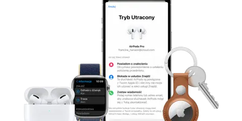 iPhone z funkcją znajdź mój iphone icloud, Apple Watch i AirTag pomagają odnaleźć zgubione AirPods Pro.