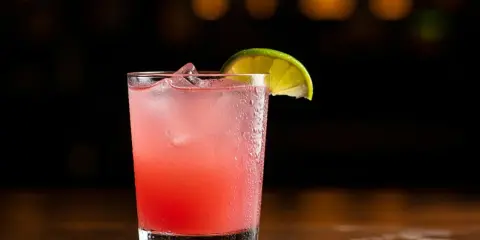 En rosa tequila drink med is och en limeklyfta på en mörk bakgrund.