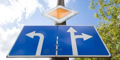 Znaki drogowe z białymi strzałkami na niebieskim tle. Jedna strzałka skręca w lewo, druga jedzie prosto i w prawo. Ladne literki informują o wyborze trasy.