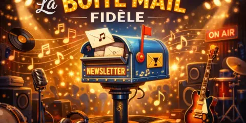 Boîte aux lettres "La Boîte Mail Fidèle" remplie de lettres, sur fond de scène musicale avec guitare, vinyles et notes de musique.