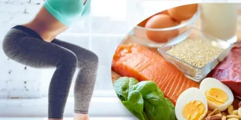 Rutina de ejercicios y alimentos para aumentar masa muscular en piernas y glúteos: salmón, huevos, carne, espinacas, frutos secos y quinoa.