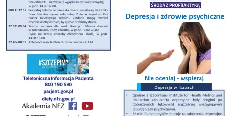 Kobieta zakrywająca twarz dłońmi, druga dłoń wyciągnięta w geście wsparcia.