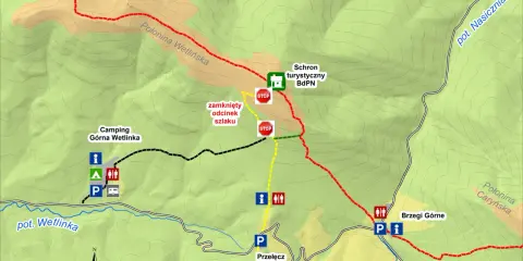 Mapa szlaków Bieszczadów. Najłatwiejszy szlak na Połoninę Wetlińską prowadzi przez Przełęcz Wyżną. Zaznaczono camping, schronisko i zamknięty odcinek szlaku.