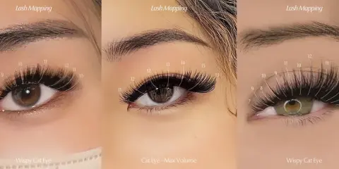 Trzy zbliżenia na oko z różnymi stylizacjami rzęs: Wispy Cat Eye, Cat Eye - Max Volume. Widoczne mapowanie długości rzęs.