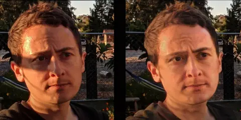 Comparación de dos retratos: uno con sombras marcadas y otro donde se intentó quitar sombras de una foto para un rostro más uniforme.