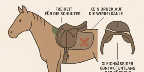 Illustration zeigt, wie man den Sattel richtig anpassen kann: Freiheit für die Schulter, kein Druck auf die Wirbelsäule, gleichmäßiger Kontakt.