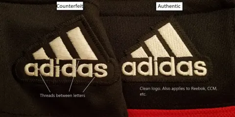 Porównanie: po lewej podróbka, po prawej oryginalny znaczek adidas. Widać różnice w wykonaniu haftu.