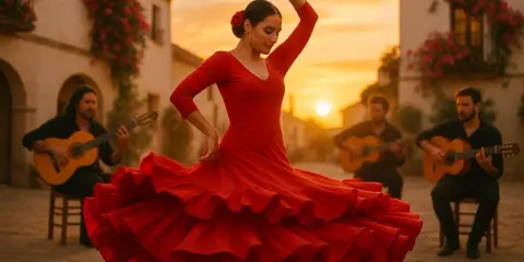 Tancerka w czerwonej sukni wiruje w rytm muzyki granej przez gitarzystów. Magiczny wieczór pełen pasji flamenco.