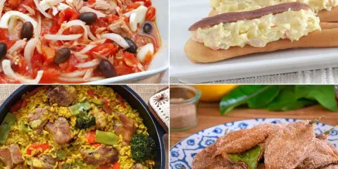 Cuatro platos de comida típica de Murcia: ensalada murciana, montaditos, arroz y pimientos fritos.