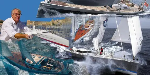 Gilles Vaton, architecte naval, présente ses créations : voiliers de luxe, bateaux futuristes et navires de course en pleine mer.