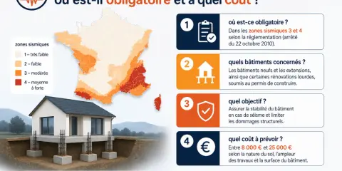Illustration d'une maison sur fondations renforcées, avec une carte de France des zones sismiques. Le renforcement des fondations est obligatoire dans les zones 3 et 4.