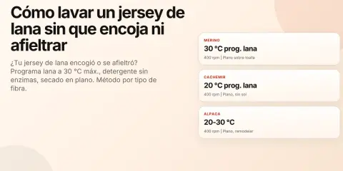 Guía para lavar lana merino: programa lana a 30°C, detergente sin enzimas y secado en plano para evitar que encoja o se afieltre.