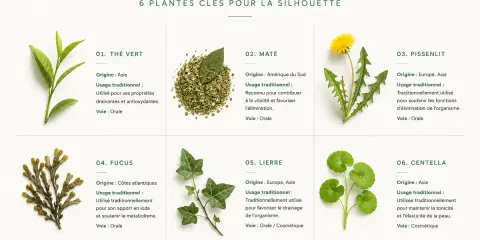 Plantes pour la silhouette : thé vert, maté, pissenlit, fucus, lierre, centella. La phytothérapie pour perdre du poids utilise ces plantes pour leurs bienfaits.