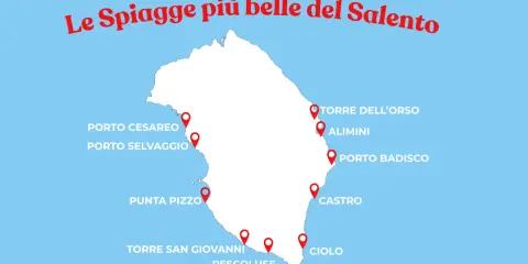 Mappa del Salento con pin che indicano le spiagge più belle, come Torre dell'Orso e Pescoluse, ideali per godersi la sabbia dorata.