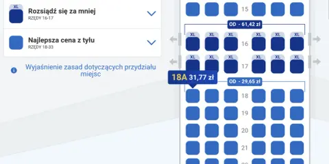Wybierz miejsce w samolocie Ryanair, przeglądając dostępne opcje, np. "Rozsiądź się za mniej" lub "Najlepsza cena z tyłu".