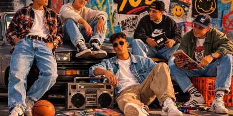 Chłopcy w stylu moda męska 2000, siedzą na samochodzie z boomboxem i kasetami.