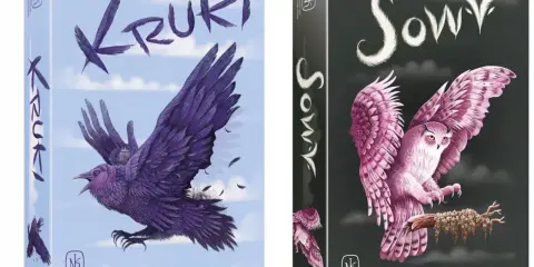 Okładki gier "Kruki" i "Sowy". Na pierwszej fioletowy kruk na tle nieba, na drugiej różowa sowa z gałęzią.