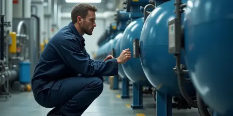 Un technicien en combinaison bleue effectue une prise d'échantillon sur de grandes cuves bleues dans une usine.