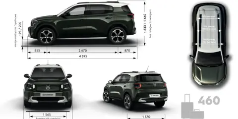 Citroën C3 Aircross wymiary: długość 4395 mm, szerokość 1795 mm, wysokość 1633/1660 mm. Rozstaw osi 2670 mm.