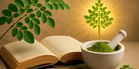 Branche de moringa plante, livre ouvert, mortier rempli de poudre verte et arbre lumineux.