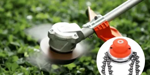 Cabezal de desbrozadora con cadena para cortar maleza densa. Se muestran distintos tipos de cabezales para desbrozadoras.