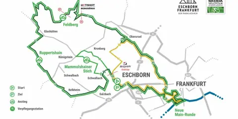 Streckenkarte des Radrennens Eschborn-Frankfurt mit verschiedenen Routen (100km, 87km, 40km) und Orten wie Feldberg, Kronberg und Frankfurt.