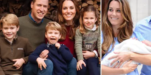 Prins William med sina barn, George, Charlotte och Louis, samt Kate som håller ett spädbarn.
