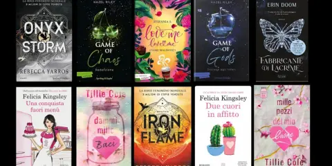Copertine di romanzi rosa: "Onyx Storm", "Game of Chaos", "Love me love me", "Game of Gods", "Fabbricante di lacrime", "Una conquista fuori menù", "Dammi mille baci", "Iron Flame", "Due cuori in affitto", "Mille pezzi del mio cuore".