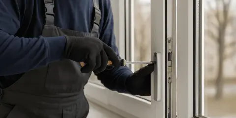 Técnico con guantes negros repara una ventana de aluminio antigua, ajustando el mecanismo con un destornillador.