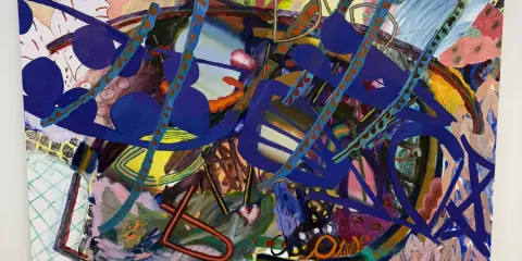Vibrant abstract painting with bold blue shapes and energetic lines, displayed at Asya Geisberg Gallery.