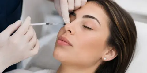 Una mano guantata inietta acido ialuronico Profhilo sul naso di una donna, per un ritocco estetico.