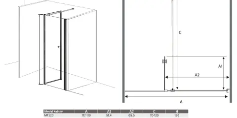 Wymiary kabiny prysznicowej GRANDE: szerokość A (117-159 cm), głębokość A1 (51,4 cm), A2 (65,6-105,6 cm), C (70-120 cm), H (195 cm).