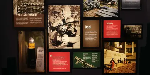 Carl Gustaf vapen: utställning om granatgeväret som sålts till över 40 länder. Bilder visar vapen, soldater och produktion.