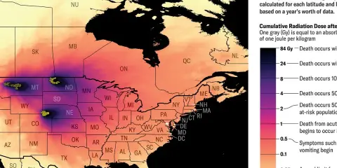 Mapa USA i Kanady z zaznaczonymi obszarami o różnym natężeniu promieniowania, symulująca skutki wybuchu bomby atomowej.