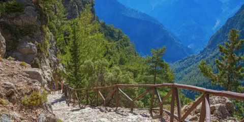 Wanderweg in einer atemberaubenden **Schlucht auf Kreta**. Steile Felswände, grüne Bäume und ein tiefer Abgrund, gesichert durch einen hölzernen Zaun.