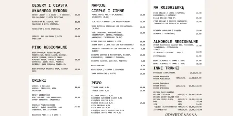 Karczma Bacówka Zakopane menu: desery, napoje, piwo regionalne, drinki, alkohole regionalne.