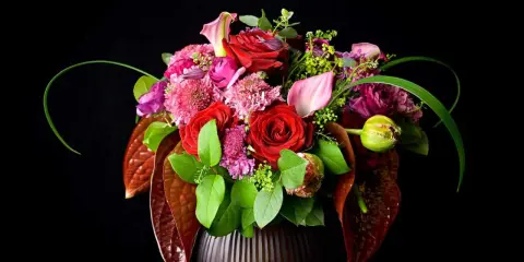 Un bouquet de roses rouges, callas roses et fleurs violettes dans un vase sombre. La signification des fleurs est souvent liée à l'amour et à la passion.