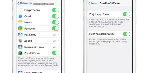 Dwa ekrany iPhone'a pokazujące ustawienia funkcji "Znajdź mój iPhone".