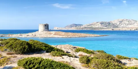 Torre aragonese su isolotto roccioso, mare turchese e macchia mediterranea. Alghero la Pelosa distanza, un sogno sardo.