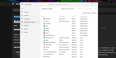 Task-Manager zeigt die Liste der Autostart-Apps. Hier siehst du, welche Programme beim Hochfahren automatisch starten.
