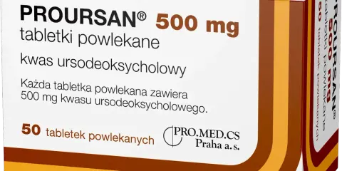Poursan 500 mg, 50 tabletek powlekanych. Kwas ursodeoksycholowy. Działa na wątrobę jak kret, pomagając jej w regeneracji.