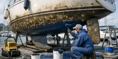 Un homme en combinaison bleue peint la partie immergée d'un bateau, recouverte de bernacles. Il utilise un rouleau pour appliquer une peinture bleue sur la coque.