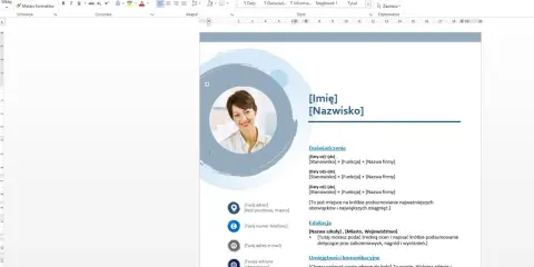 Zdjęcie przedstawia szablon CV w programie Word z miejscem na zdjęcie, dane osobowe i sekcje takie jak doświadczenie i edukacja.