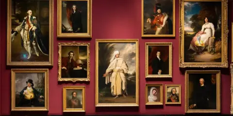 A gallery wall displays several portraits, including a striking portrait of Omai in traditional attire, surrounded by other historical figures.