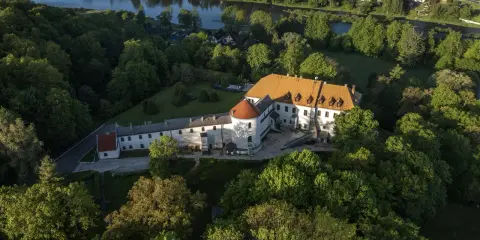 Zamek w Lesku otoczony zielenią, z widokiem na rzekę i miasteczko.